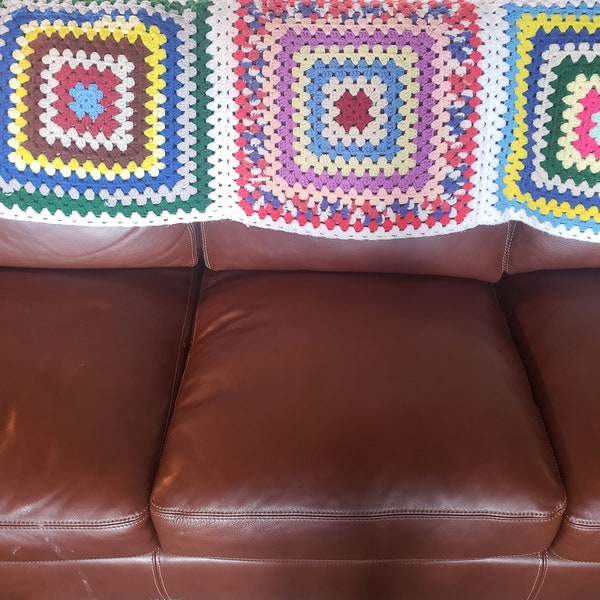 Vintage Crotchet Furniture Blanket Multi Color "Happy" 36x54