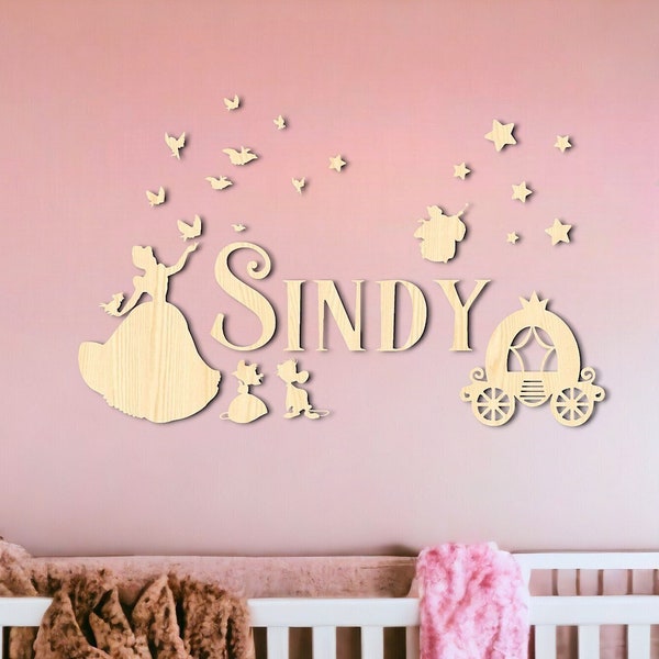 Cinderella Nursery Decor, Custom Baby Name Sign, Personalized Name Sign, Baby Room Decor, Custom Wood Sign, Kid's Room Cartoon Wall Art