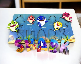 Personalized Shark Family Puzzle for Kids, Wooden Name Puzzle Baby, Custom Name Puzzle for 1 2 3 years old, Baby Shark Family Puzzle