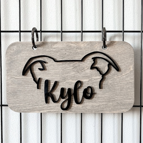 Dog Ears Outline Crate Name Tag, Wooden Dog Sign, Personalized Acrylic Wood Name Plaque, Silhouette Dog Ears Sign, Large Crate Tag