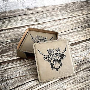 Personalized Leather Coaster Set, Coaster Set w/ Holder, Simple Wedding Gift, Housewarming, Anniversary Gift