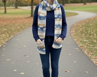 Handgefertigte Häkelarbeit Taschenschal - Blau Tan Creme Winter Schal