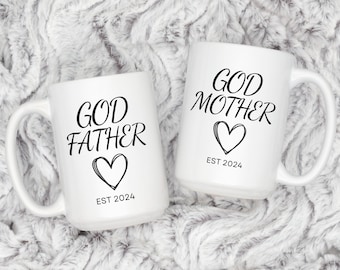 Custom Godparents Mug Set - Godfather and Godmother EST Gift - Personalized God Parents Coffee Mugs - Pregnancy Announcement - 15 oz Mug