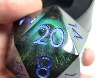 LiquidCore D20 50mm Dragon Eyeball Sharp Edge Purple, Green and Blue,  Moving Eye 2" 20-sided die, Polyhedral gift, 2 inch eye die D20