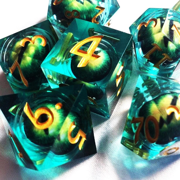 Lime Green LiquidCore Dragon Eye Sharp Edge, Aqua Green Resin Dice Set