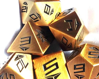 Antique Brass Metal Dice Set, Delta Quasar Digit Dice, Roleplaying Dice, Tabletop Gaming Dice, Solid Metal Polyhedral D&D Dice Set 7 Pieces