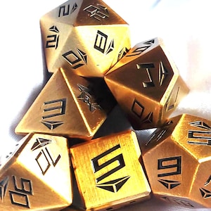 Antique Brass Metal Dice Set, Delta Quasar Digit Dice, Roleplaying Dice, Tabletop Gaming Dice, Solid Metal Polyhedral D&D Dice Set 7 Pieces