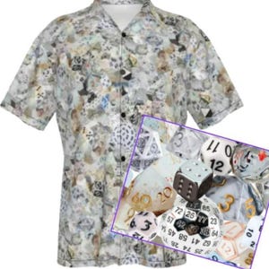 New! White Collage Hawaiian Shirt, White Dice, RPG, Gaming Shirt, Gift for DnD Player, Fun RPG Shirt, DM Wedding Gift, DnD Wedding, rpg Gift