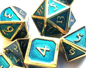 New! Teal and Gold Trim Glimmer Dice Set - 7 pieces, Dungeons and Dragons, Solid Heavy Metal Dice, Unique Dice Collection, DnD Dice Gift Set