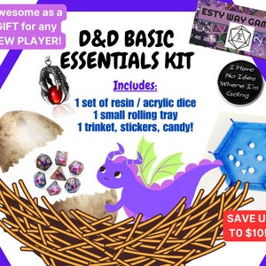 May include: A purple dragon figurine with green wings sits in a nest of twigs. The dragon is looking to the right.  A set of colorful dice, a small egg, and a rolling tray are in the background. The text "D&D BASIC ESSENTIALS KIT" is at the top of the image. The text "Includes: 1 set of resin / acrylic dice 1 small rolling tray 1 trinket, stickers, candy!" is below the title. The text "SAVE UP TO $10!!" is at the bottom of the image.