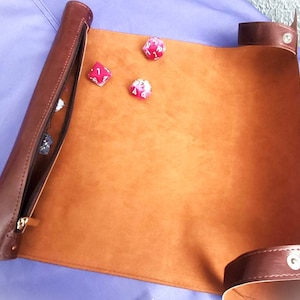 Brown Rolling Dice Mat, Tan Velvet Inlay, Cylinder Zipper Storage Case, Elegant Gaming Mat, Brown Velvet Dice Mat, Dungeons & Dragons Gift