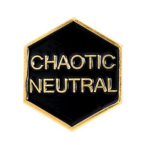 Broche de lapela neutro caótico com acabamento dourado de 1&quot; de diâmetro, broche de lapela neutro caótico preto e dourado, broche de moda, broche de D&D, broche de RPG dourado, broche de presente para jogadores