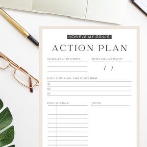 Könnte beinhalten: Ein druckbares Aktionsplan-Arbeitsblatt mit dem Titel "Erreiche meine Ziele Aktionsplan". Das Arbeitsblatt enthält Abschnitte für die Zielsetzung, tägliche Schritte und einen Tagesplan mit Notizen.