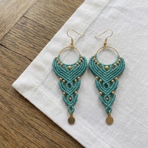 Boho Macramé Hoop Earrings in Turquoise and Gold, Statement Fiber Jewelry, Hippie Chic Dangle Earrings, Tribal Style Earrings