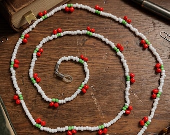 Beaded Cherry Eyeglass Chain, Cute Fruit Sunglasses Strap, White Pearl and Red Cherry Glasses Lanyard, Boho Summer Eyewear Accessory