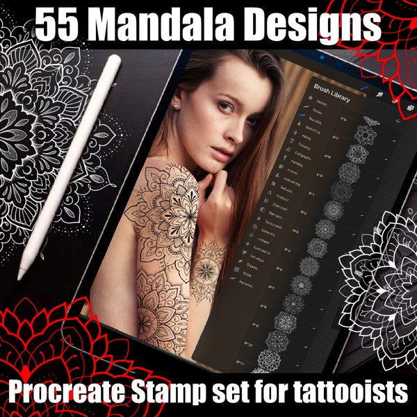 55x Procreate Mandala Stempelpinsel Set | Ornamentale Tattoo Designs für Procreate