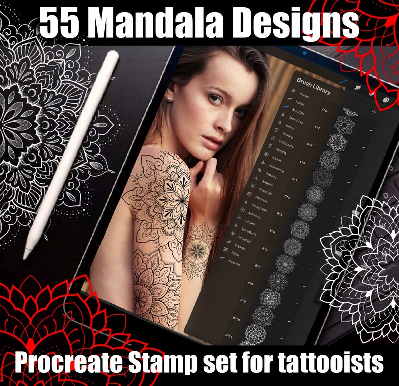 55x Procreate Mandala Stamp Brush Set | Ornamental Tattoo Designs for ...