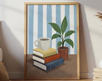 Arte de pared estético de estación de café, póster de café despojado, arte de pared de café azul para decoración de pared de cocina, impresión estética de arte de pared de barra de café