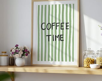 Arte mural para barra de café, Láminas de café, Lámina estética, Lámina a rayas verdes, Decoración para rincón de café, Arte mural para cocina, Póster para la hora del café