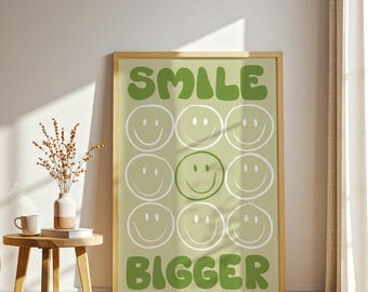 Smile Bigger Poster | Smiley Face Wall Art | Smiley Face Print | Retro Wall Art | Green Retro Prints | Trendy Prints | Trendy Wall Art