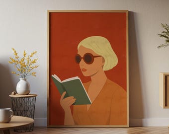 Arte mural de mujer elegante leyendo, arte mural de libro naranja, impresión artística de mujer elegante, impresión minimalista para amantes de los libros, impresión artística para amantes de los libros, arte de mujer moderna