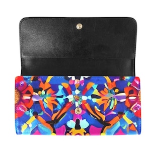 Colorful Women's Trifold Long Clutch Wallet, Colorful Retro Print Women Wallet, Vintage Print Wallet, Wallet For Women, Everyday Wallet