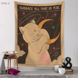 Aesthetic Moon Cat Tarot Card Tapestry, Vintage Wall Hanging Tapestries, Tarot Wall Art Decoration, Decoration Gift for Bed Room Living Room