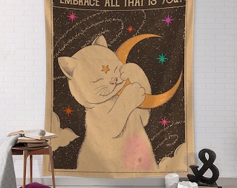 Aesthetic Moon Cat Tarot Card Tapestry, Vintage Wall Hanging Tapestries, Tarot Wall Art Decoration, Decoration Gift for Bed Room Living Room