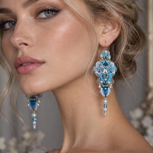 Puede incluir: Pendientes de araña ornamentados con intrincados abalorios en tonos azul claro, blanco y oro metálico. El diseño incorpora cristales azules facetados, pequeñas perlas blancas y delicadas cuentas dispuestas en un patrón simétrico.