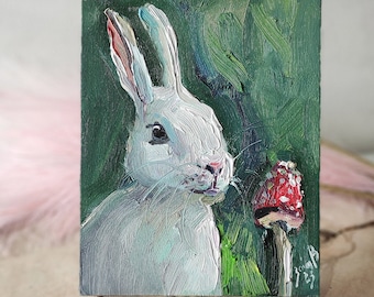 März Kaninchen Wand Kunst Alice Wunderland Original Gemälde Weißes Kaninchen Kunstwerk Kaninchen Wand-Dekor Ölgemälde Fliegenpilz Wandkunst