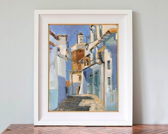 Moroccan Art Chefchaouen Oil Painting On Canvas Original City Painting Moroccan Wall Decor City Scape Arabic Art Islamic Miniature Painting