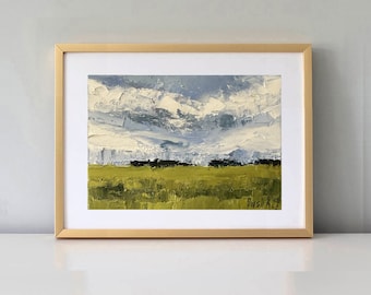 Green Field Miniature Oil Painting On Canvas Cloud Small Abstract Art English Landscape Painting Summer Artwork  Original Palette Painting