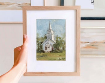 Church Original Oil Painting Landscape Christian Painting On Canvas Catholic Art Christian Art Miniature Art Tiny Painting Summer Artwork