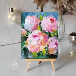 Pintura al óleo original de peonías blancas y rosas. Pintura pequeña de peonías. Arte mural floral. Miniatura. Decoración floral para pared. Arte original. Arte pequeño.