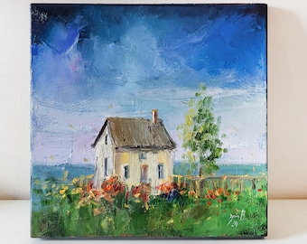 Old house in a field original oil painting summer landscape before a thunderstorm original art yellow field flowers house in a yellow field