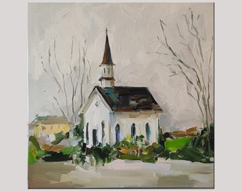 Catholic Church original oil painting on stretched canvas White church wall art religious painting church wall decor original art landscape