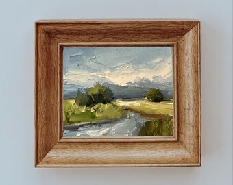 River Canvas Small Oil Painting Riverwalk Original Art Landscape Abstract Tiny Painting Hallway Art Countryside Painting Small Format Art