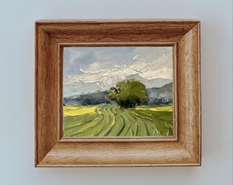 Autumn Field Small Oil Painting Nature Original Painting Rain Cloud Miniature Art Farm Field Wall Art Scenic Landscape Small Format Art Work