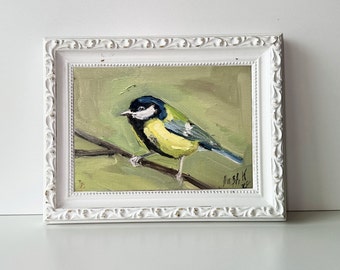 Oiseau peinture toile originale mésange capitonnée peinture à l&#39;huile petit oiseau encadré peinture oiseau art réaliste petit oiseau oeuvre d&#39;art cadeau pour amoureux des oiseaux