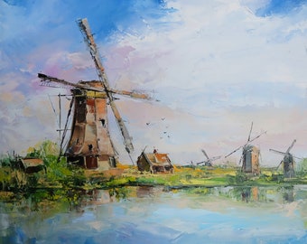 Old mill original oil painting. Summer landscape with windmills. Ancient mills on the river bank. European landscape. Canvas painting.
