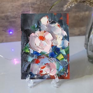 Small Oil Painting on Cardboard – Abstract Floral Art, Handmade Mini Artwork Tiny Abstract Flower Oil original art
