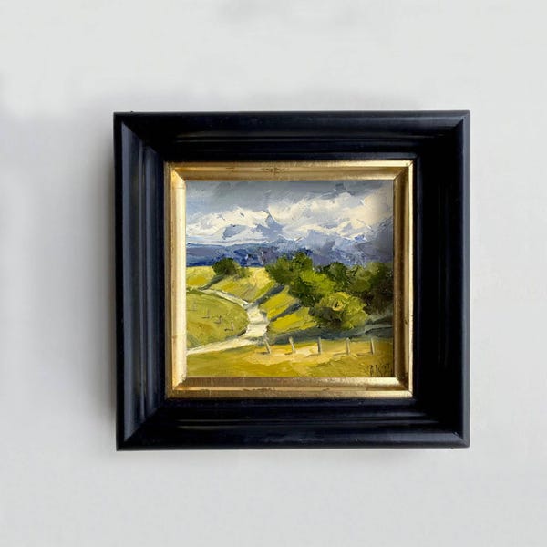 Miniature Farmhouse Landscape Oil Painting: Rainy Hillside Art