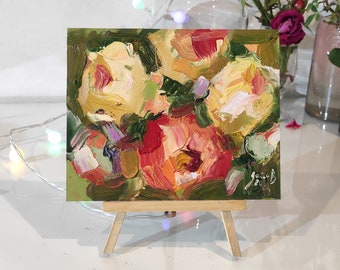 Pink red peonies painting original red flowers art small painting floral original art impasto painting yellow peony wall art mini artwork