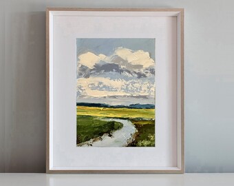 River Art Landscape Oil Painting On Canvas Mini Original Art Fall Artwork Clouds Painting Small Abstract Art Miniature Painting Framed Art