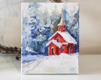 Red church original oil painting on sretched canvas red chapel winter small painting chapel original art smal art church wall art religious