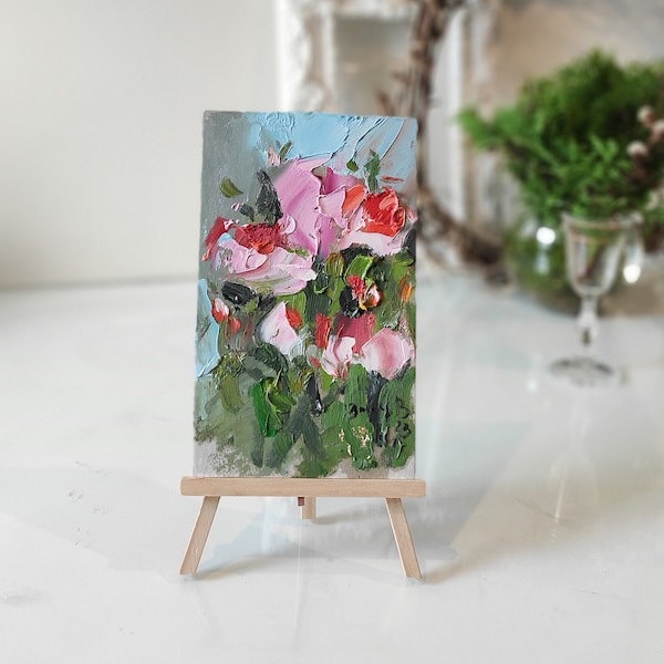 Pink peonies original oil painting Small painting Flowers wall art Original art Impasto painting Peony wall decor Small bright artwork