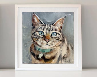 Pintura al óleo de gato atigrado sobre lienzo: retrato original de mascota