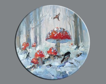 Winter forest painting original fly agaric original art trees wall art crows painting canvas painting mushrooms wall decor mushrooms artwork