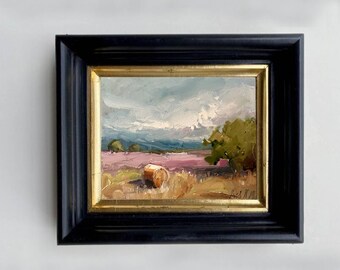 French Lavender Field Oil Painting: Original Small Autumn Landscape Art