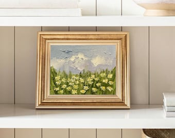 Daisy Oil Painting Field Of Flowers Painting On Canvas Original Wildflower Meadow Impasto Painting Botanical Artwork Summer Miniature Art